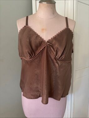 Brown Satin Like-Lace Trim Camisole